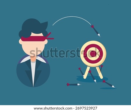 Illustration of a blindfolded person missing a target with darts, symbolizing poor strategy, lack of vision, or misguided goals in business and decision-making.