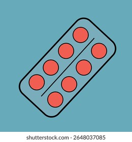 Illustration of a blister pack containing red round pills on a blue background. Medical and pharmaceutical concept, representing medication, health care, and treatment