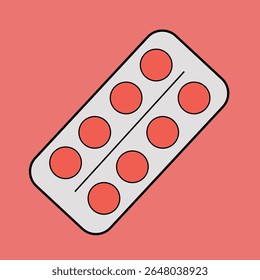 Ilustração de um blister contendo comprimidos redondos vermelhos sobre um fundo vermelho. Conceito médico e farmacêutico, representando medicamentos, assistência médica e tratamento.
