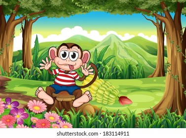 Illustration of a bloated monkey above the stump at the forest
