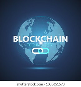 Illustration of a blockchain design and world globe on a colorful blue background.