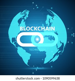 Illustration of a blockchain technology design on a colorful blue background.