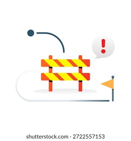 ilustração de caminho de rota bloqueado. interrupção do sistema, processo bloqueado, obstáculo do fluxo de trabalho, problema de tecnologia. para software, status do aplicativo, telas de erro de interface do usuário, manutenção, problema de atraso do projeto