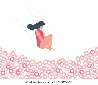 Illustration of blogger jumping into the pull full of like icons. Social media or social networks design concept. Vector illustration