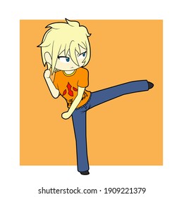 illustration of a blond haired girl doing a high kick wearing orange t-shirt and jeans in chibi anime style