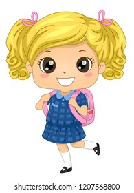 Illustration of a Blonde Australian Kid Girl Student Wearing Blue Uniform and Carrying Backpack