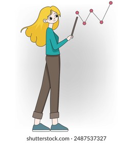 An illustration of a blonde businesswoman in a blue shirt and brown pants pointing at a line graph with a pointer