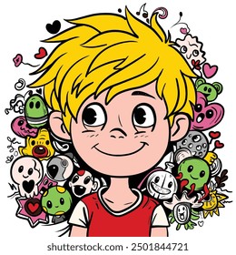 Illustration of a blonde cartoon boy smiling happily, surrounded by various colorful and whimsical doodles, including hearts, smiling faces, and playful characters.
