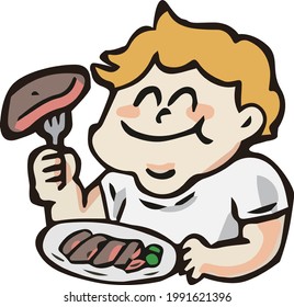 Illustration of a blonde child eating steak