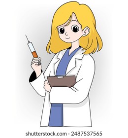 An illustration of a blonde female doctor in a white coat holding a syringe and a clipboard She appears professional