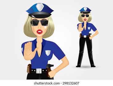 illustration of blonde female policewoman cop showing stop gesture