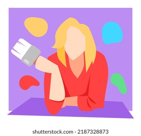 illustration of a blonde girl holding a brush, thinking about finding a suitable color for painting. colorful. renovation concept, hobby, beauty, home, painting etc. flat vector