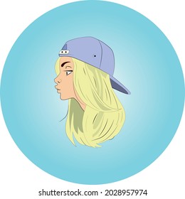 An illustration of a blonde girl in a lilac cap. Flat color vector illustration.