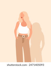 Illustration of blonde girl on light pink background.