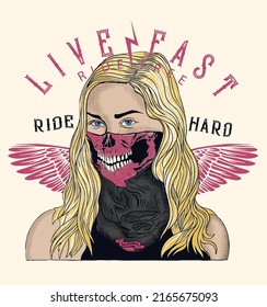 Illustration of blonde girl with skull bandana.motorcyclist style vector design.Suitable for t shirt, poster, sticker.