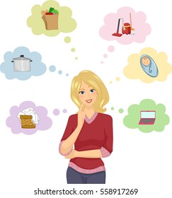 Illustration of a Blonde Girl Surrounded by Icons of the Things She Needs to Do