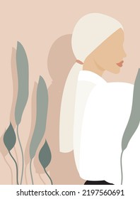Illustration of a blonde girl with tropical leaves on a brown background