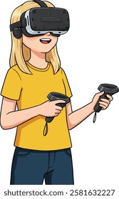 Illustration of a blonde girl using VR helmet and controllers, isolated on white background