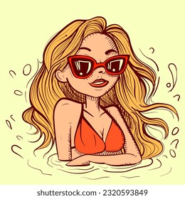 Illustration of a blonde girl wirh a red suimsuit sitting in a water pool on vacation. Vector of a woman with sunglasses relaxing and swimming