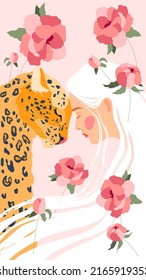 An illustration of a blonde girl with a yellow leopard surrounded by pink flowers.