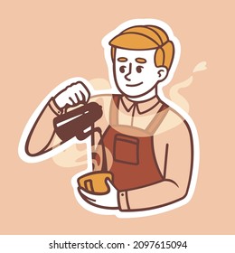 Illustration of a blonde guy working as a barista. Wearing a special apron, he pours aromatic coffee or tea from the kettle.