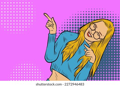 Illustration of a blonde hair woman wearing eyeglasses in pointing or presenting gesture. Illustration of a female in retro comic pop art style.