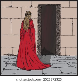 Illustration of a blonde haired woman, back turned, in red dress facing stone wall with dark doorway. Representation of 14th century fairy tale of obedient Griselda being banished from castle.