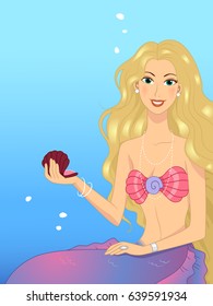 Illustration of a Blonde Mermaid Underwater holding an Opened Red Shell