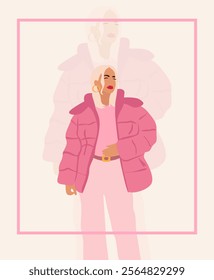 Illustration of blonde winter girl on pink background.