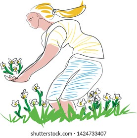 illustration of blonde woman in the daisy garden