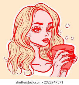 illustration of a blonde woman holding a mug. Vector of a girl drinking a cup of bubble tea.