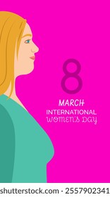 Illustration of a blonde woman in profile wearing a green shirt on a vibrant pink background, celebrating empowerment and International Women’s Day, March 8.