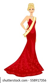 Illustration of a Blonde Woman in a Red Gown Competing in a Beauty Pageant