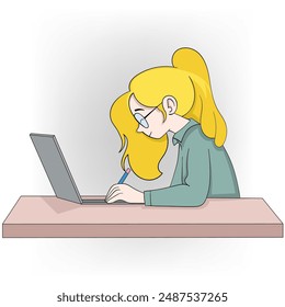 Ilustración de una mujer rubia con gafas, sentada en un escritorio y trabajando en un portátil mientras toma notas con un lápiz.