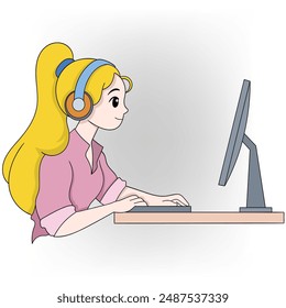 Ilustración de una mujer rubia con auriculares y trabajando en una computadora en un centro de llamadas