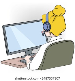 Ilustración de una mujer rubia con un auricular y trabajando en una computadora que proporciona Servicio al cliente en línea