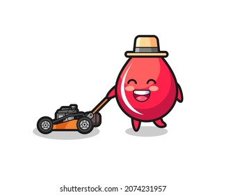 illustration of the blood drop character using lawn mower , cute style design for t shirt, sticker, logo element