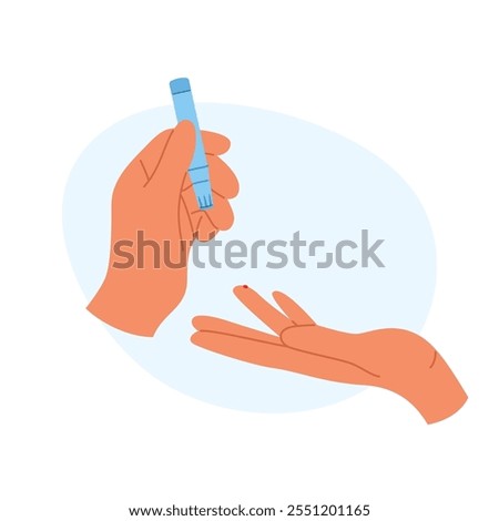 Illustration of blood glucose testing by hand, highlighting self monitoring for diabetes management
