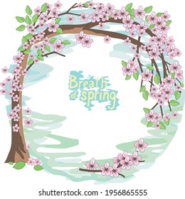 Illustration Blooming cherry tree, lettering "Breath of Spring" (vector) 