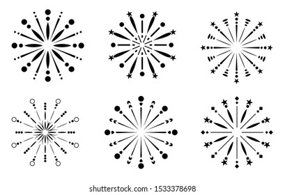 illustration of a blooming fireworks circle, isolated circle pattern in a white background, modern symmetrical ornaments.
