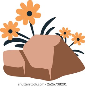 Illustration of blooming orange flowers around a brown rock, great for natural scenery designs, garden themes, or springtime compositions.