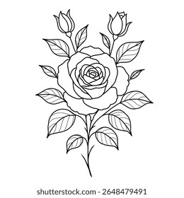 ilustração de flor de rosa florescente e broto de folha.line arte da flor de rosa