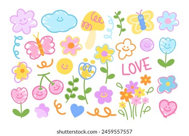 Illustration of blossom doodles such as flowers, butterfly, mushroom, cherry, smiley, tulip, heart, green leaves, LOVE letters for spring, summer, picnic, stickers, logo, icon, font, floral print, ads