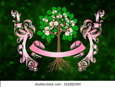 Illustration of blossoming cherry tree with banner and ribbons on green fuzzy background 