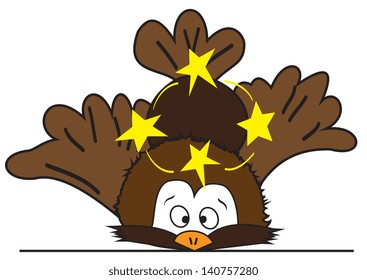 Illustration blow cartoon bird with stars on a white background