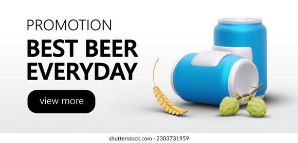 Illustration with blue 3d metal cans for beer, barley and hops. Realistic horizontal promotional poster for beverage company with button view more. Vector in blue colors
