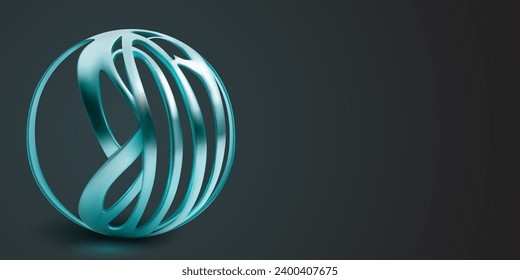 Illustration with blue abstract object made of interlaced thin plates, curved and intertwined in the shape of a sphere, with shadows on a dark background