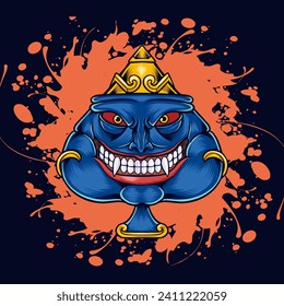 illustration of a blue ace of spades with a monster face