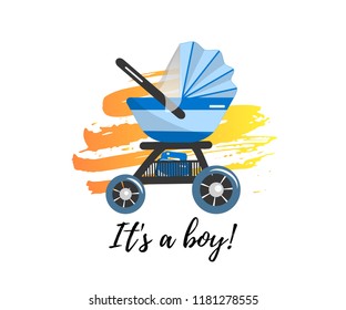 Illustration of blue Baby stroller for baby boy with bag in basket. Vector icon. Print for clothes, bags, postcard, element of logo for baby shop.