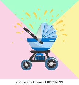 Illustration of blue Baby stroller for baby boy with bag in basket. Vector icon. Print for clothes, bags, postcard, element of logo for baby shop.